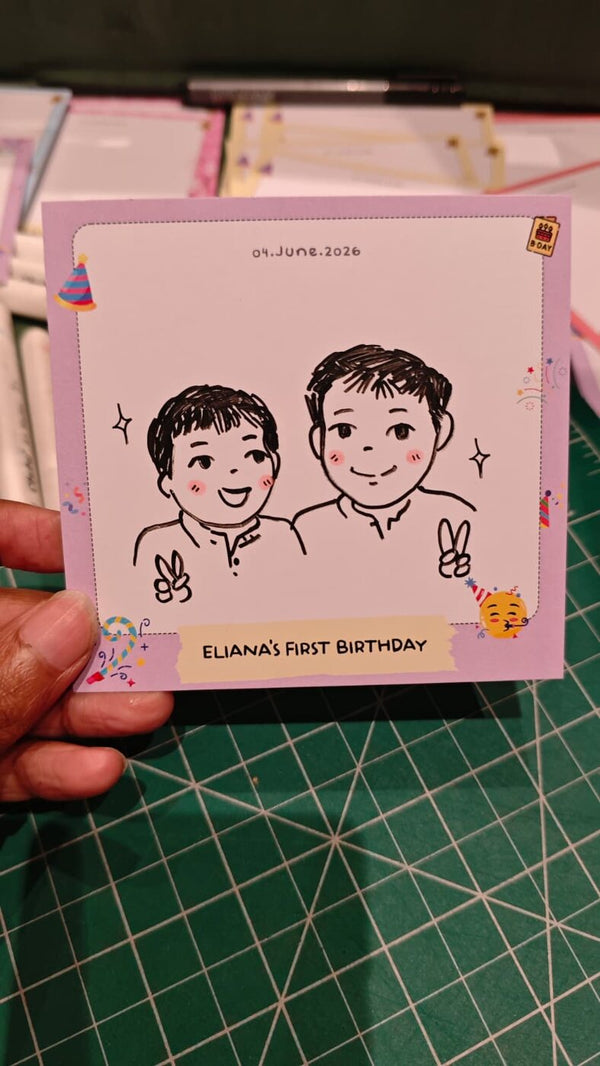 Custom first birthday doodle card reading Eliana's first birthday