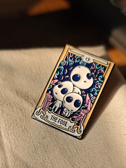 Studio Ghibli "The Fool" tarot card enamel pin featuring Kodama forest spirits from Princess Mononoke