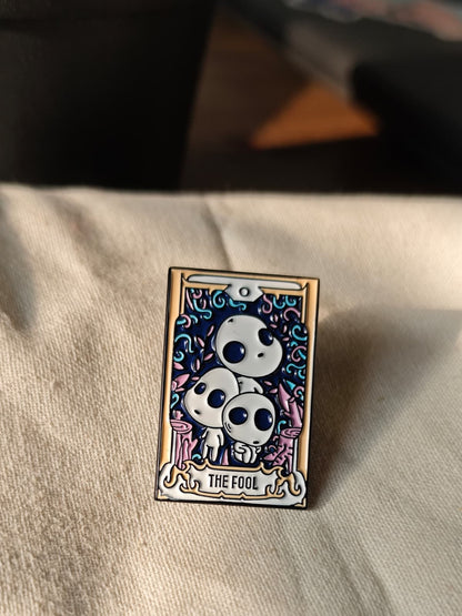 Studio Ghibli "The Fool" tarot card enamel pin featuring Kodama forest spirits from Princess Mononoke