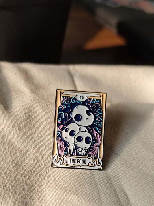 Studio Ghibli "The Fool" tarot card enamel pin featuring Kodama forest spirits from Princess Mononoke