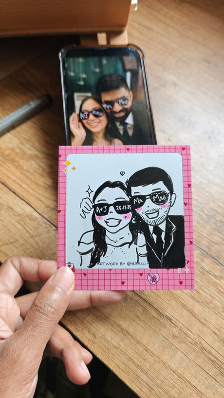Guest with their live doodle portrait: doodle vs the real thing