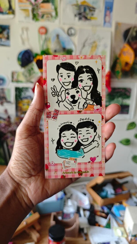 Guest with their live doodle portrait: two frames, double trouble