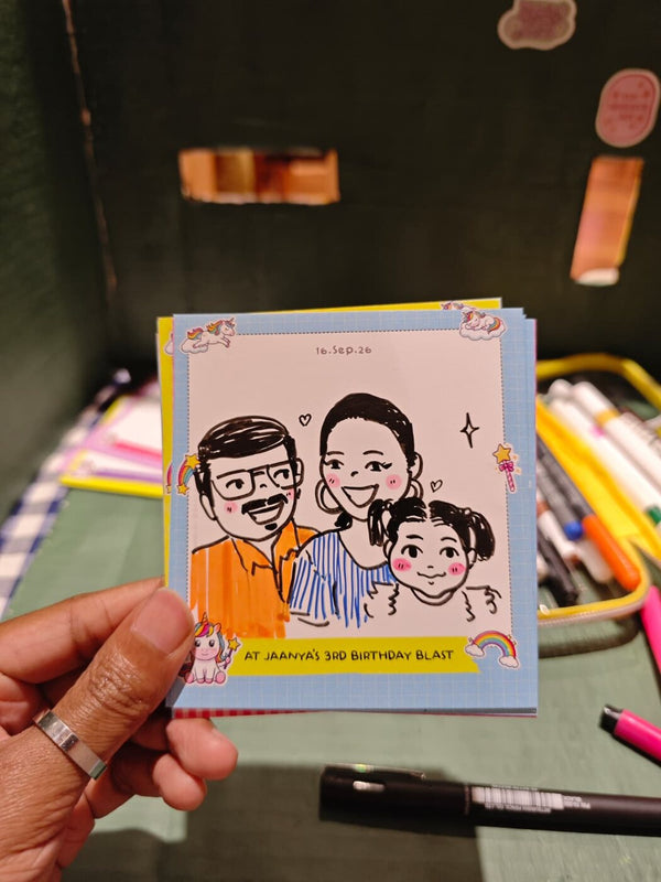 Custom birthday doodle card reading At Jaanya's 3rd birthday blast